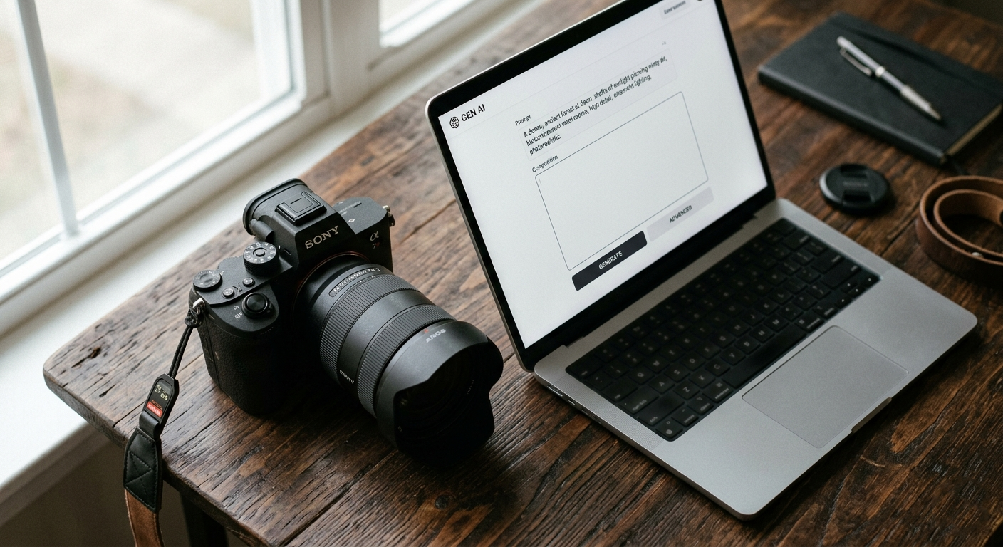 Sony-Kamera neben einem Laptop mit KI-Bildgenerator auf einem Holztisch