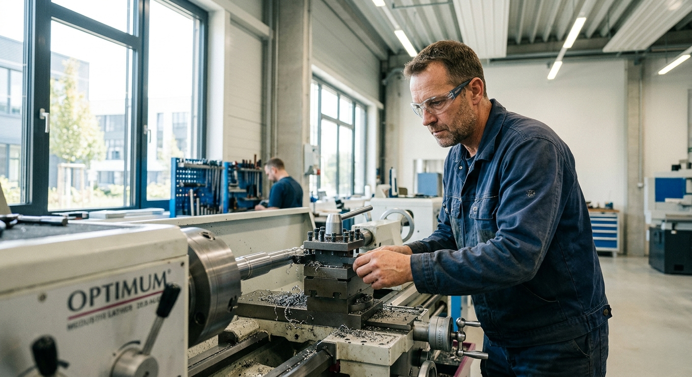 Mitarbeiter arbeitet konzentriert an einer Drehmaschine in einer hellen Werkhalle
