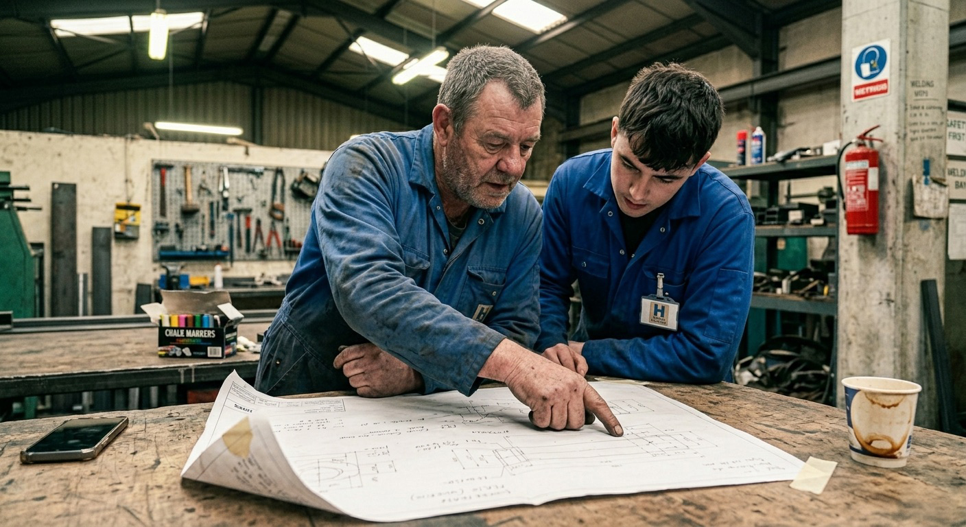 Mitarbeiter in einer natürlichen Arbeitssituation im Metallbaubetrieb