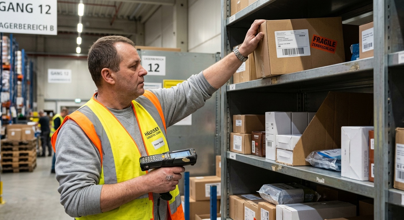 Kommissionierung im Lager mit Scanner und Warenfluss